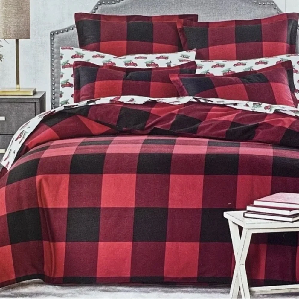 Martha Stewart Buffalo Plaid Flannel Cotton KING Duvet Cover Red / Black $200